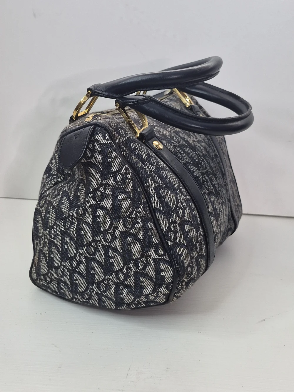 Dior Navy Monogram Canvas Satchel with Gold Hardware - Picture 3 of 13